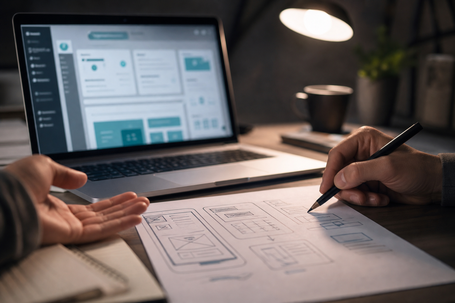 Hands sketching application wireframes beside a laptop
