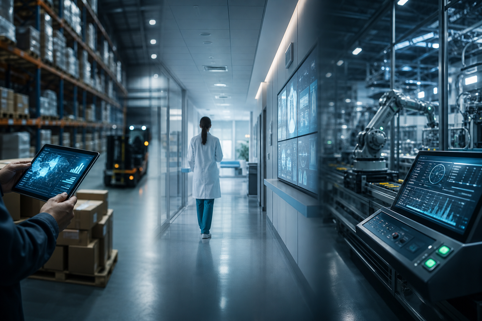 Logistics, healthcare, and manufacturing environments connected through custom digital systems